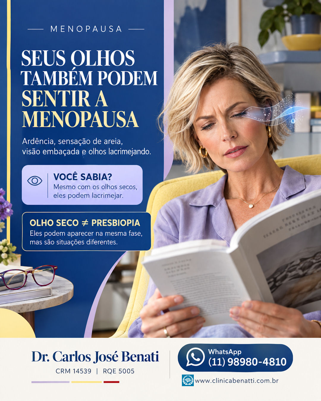 Mulher na menopausa observando a saúde dos olhos e visão