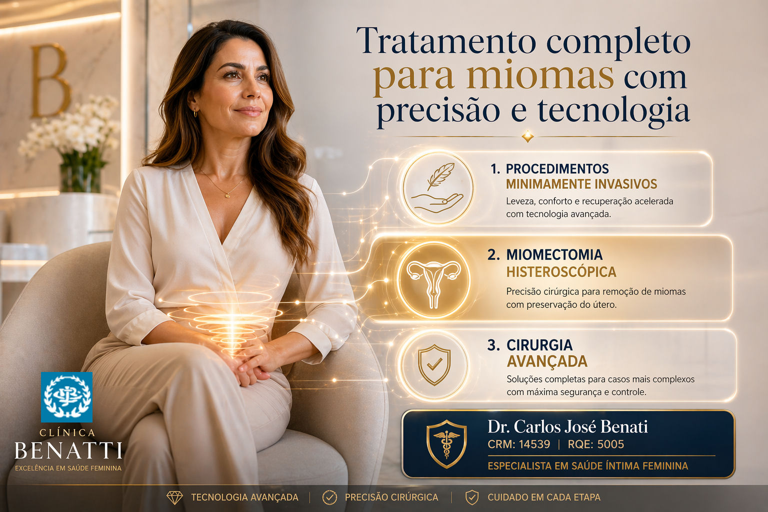 Tratamento de miomas uterinos com miomectomia histeroscópica, cirurgia minimamente invasiva e tecnologia avançada na Clínica Benatti em São Paulo