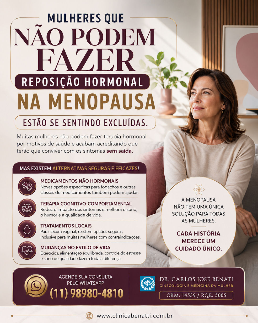 Mulher madura reflexiva aprendendo sobre tratamentos não hormonais para menopausa