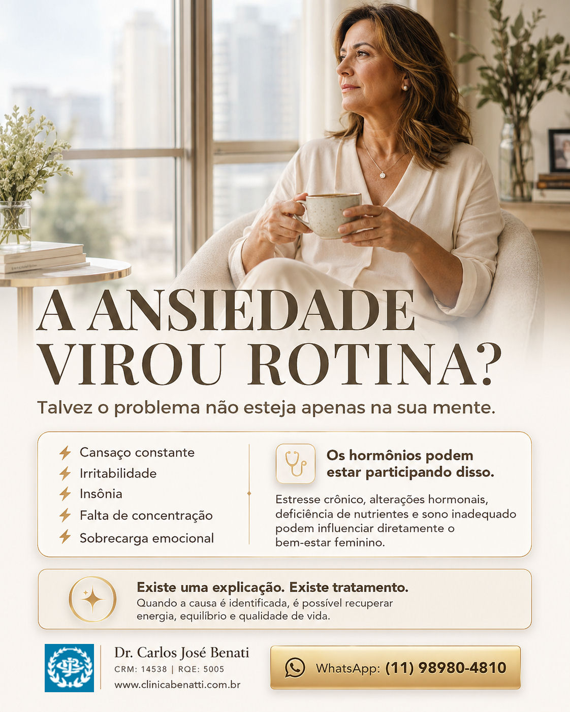 Mulher moderna reflexiva sobre ansiedade e saúde hormonal